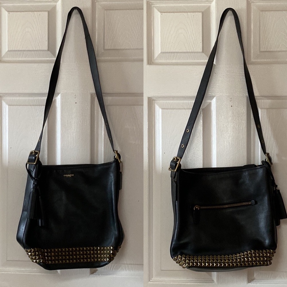 COACH Black Leather Legacy Studded Pyramid Stud Bucket Duffle Crossbody Bag - Picture 6 of 15